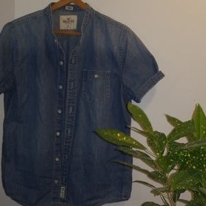 Denim collarless short sleeve button-down